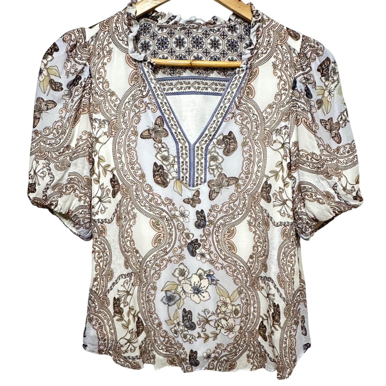 Hale Bob Dahlia Butterfly Floral Blouse Women Xs Puff Sleeve Feminine Fairy Boho